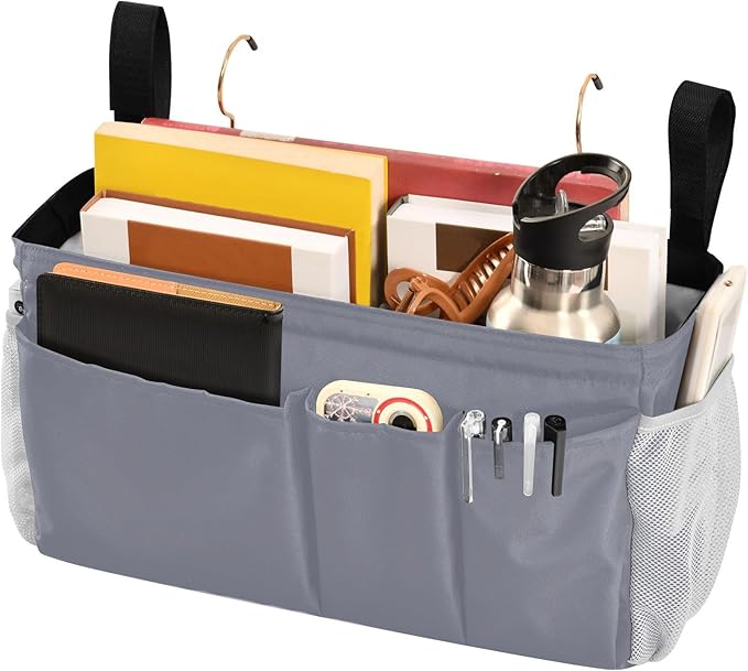 KOPIRIT Grey Bedside Caddy Storage Bag Bedside Organizer for Dorm Room Top Bunk Bed Organizer Caddy Hanging Shelf 6 Pockets with Hooks for Book Glasses Phone Holder