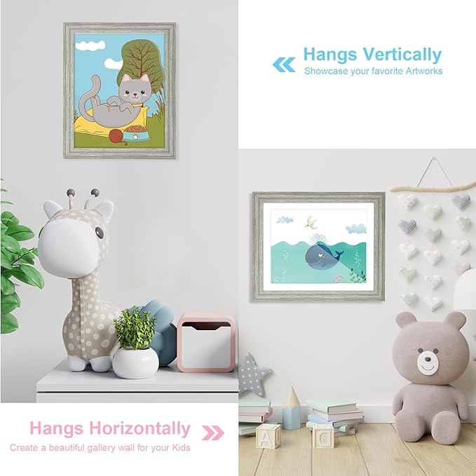 [2 Pack] Kids Art Frames, 10x12.5 Front Opening Kids Artwork Frames Changeable, Grey Wood Grain Artwork Display Storage Frame for Wall, Holds 50 Pcs, for 3D Picture, Crafts, Children Drawing, Hanging