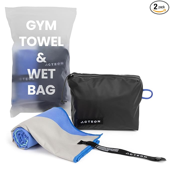 Acteon Wet Dry Travel Bag, Splash Water Resistant & Heavy Duty Zipper Reusable Bags, Small Pocket-Friendly Pouch, Pool & Gym - Large Quick Dry Silver ION Odor-Free Mega Absorbent Fiber (Current)