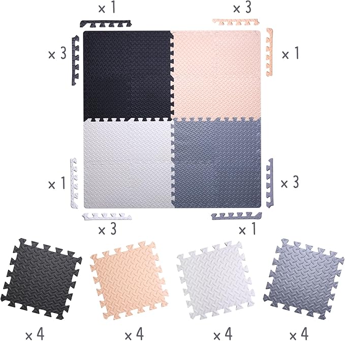 Coolcandy Baby Foam Play Mat 16Pcs with Edge Strips, 4 Colors Interlocking Floor Tiles, 0.4″ Thickened Non-Slip Puzzle Floor Mat for Infants Toddlers Playroom & Daycare