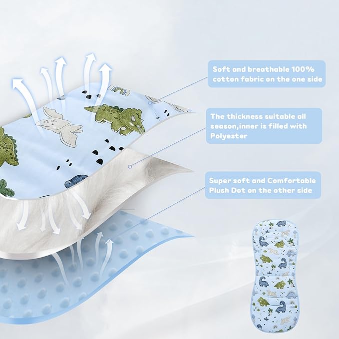Baby Stroller Cushion,Soft Minky Dotted and Printed Stroller Seat Liner-Reversible Universal Breathable and Soft Newborn Pram Pad, Cotton Infant Car Seat Insert-82x37cm,1 Pack(Dinosaur+Baby Blue)