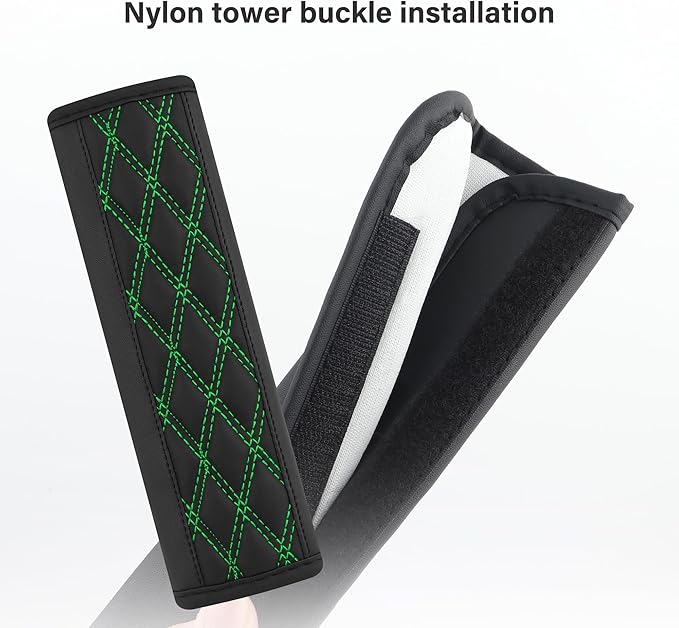 2PCS Car Seat Belt Cover Pads,Leather Seatbelt Covers Protect Shoulder and Neck Car Accessories Interior,Universal Car Seat Strap Pads Car Decorations for Most Cars Trucks (Black/Green)