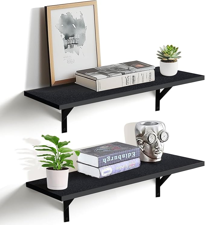 Heavy Duty Long Wall Shelves Set of 2, Floating Shelves Wall Mounted with Industrial Brackets, 40lbs Capacity Shelves for Laundry Room, Kitchen, Bathroom, Living Room (24"*8",Black)