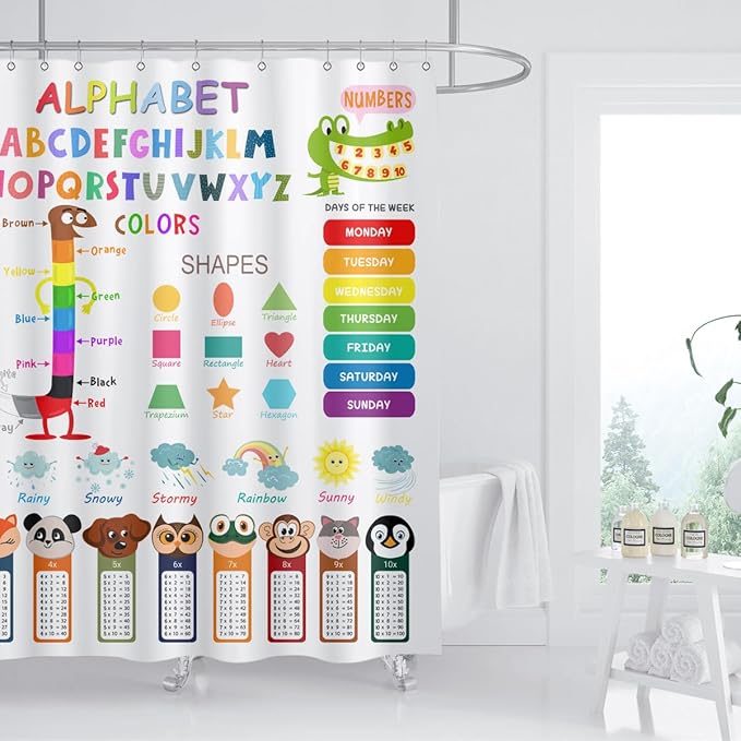 ABC Educational Shower Curtain Kids Learning Tool Funny Cartoon Animals Colors Shapes Weathers Multiplication Table Girls Boys Colorful Decor Waterproof Fabric 72Lx72W Inch with Hooks