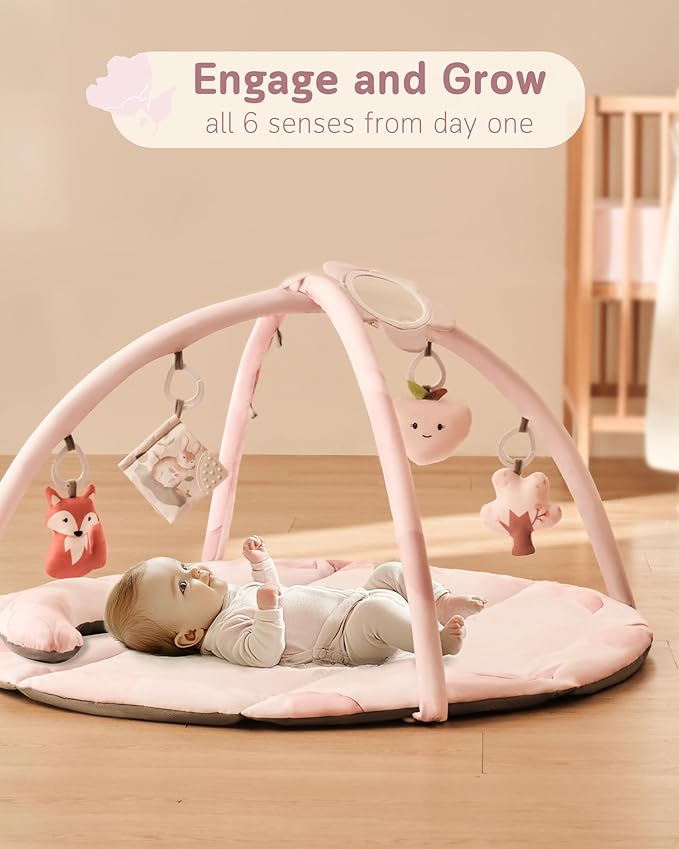 Fortella Baby Play Gym & Activity Mat, Machine Washable & Foldable Tummy Time Mat with 5 Detachable Toys, Certified Safe Newborn Essentials Gift for Baby Registry 0-12 Months (Rose Pink)