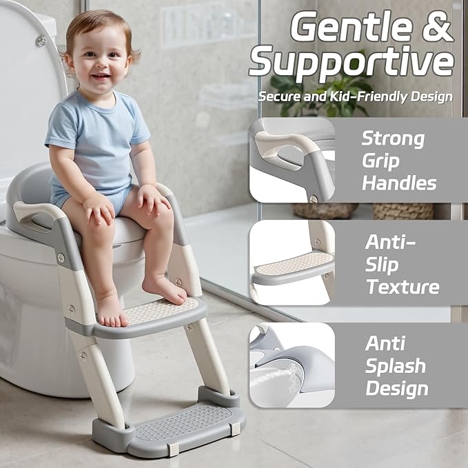 Snugzy Toddler Potty Training Seat 3-in-1 Foldable Potty Training Toilet with Step Stool Adjustable Potty Chair with Urinals (Grey)