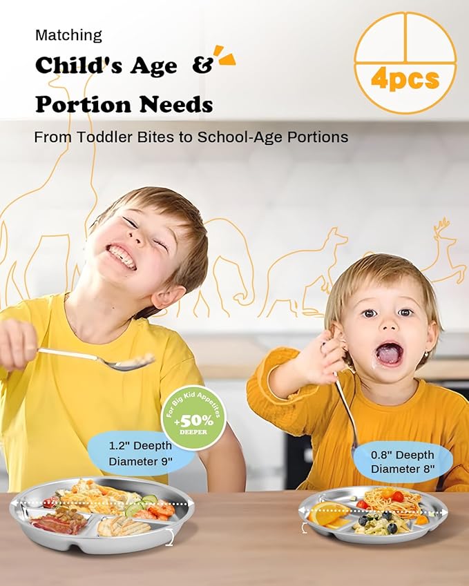 Bakpoco Stainless Steel Kids Plates 4 Packs, 8" Divided Toddlers Portion Control Plate, Non Toxic & BPA Free |Unbreakable |Dishwasher Safe Baby Snack Dish for Daycare, Restaurant Outings & Travel