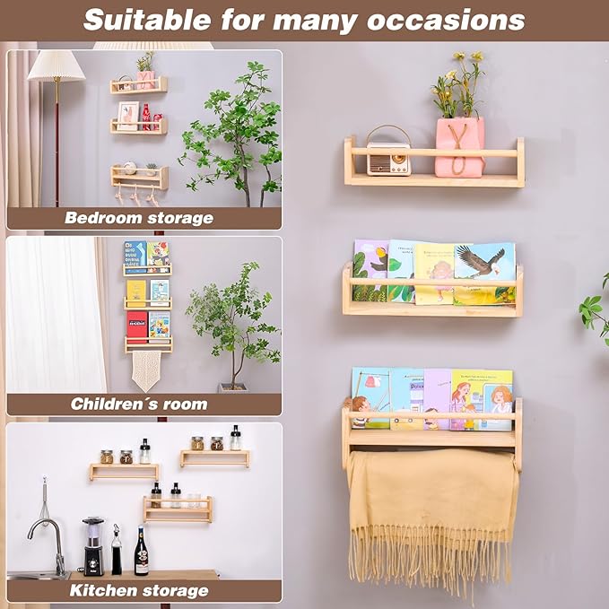 Wall mounted multifunctional storage rack, natural pine kindergarten bookshelf, furniture decoration rack, children's room floating bookshelf, bathroom, kitchen seasoning bracket (3-piece set)