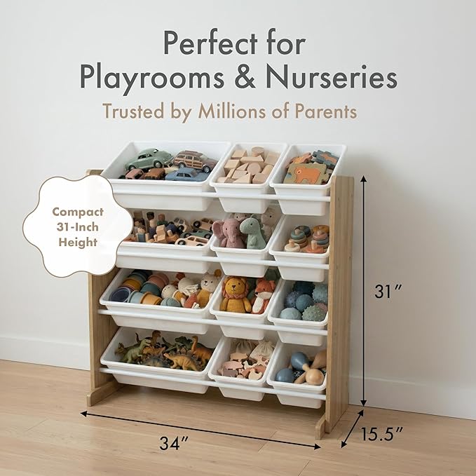 Humble Crew Toy Storage Organizer with 12 Removable Storage Bins for Kids Playroom, 4-Tier Toddler Toy Organization, Natural Wood/White