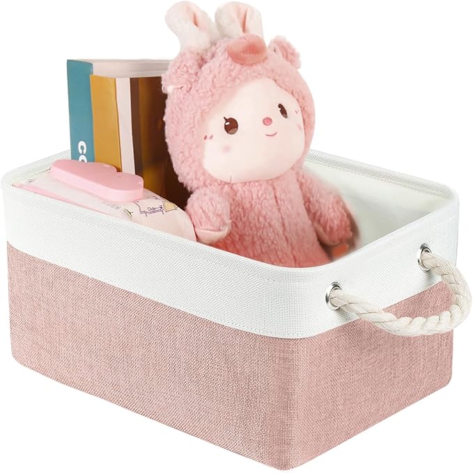 LordCom Storage Bins with Sturdy Cotton Handles(1 Pack), Fabric Storage Baskets for Organizing use for Office & Home, Book, Clothes, Toys, Closet Boxes (Large, Pink-White, 15.7x11.8x7.9 inches)