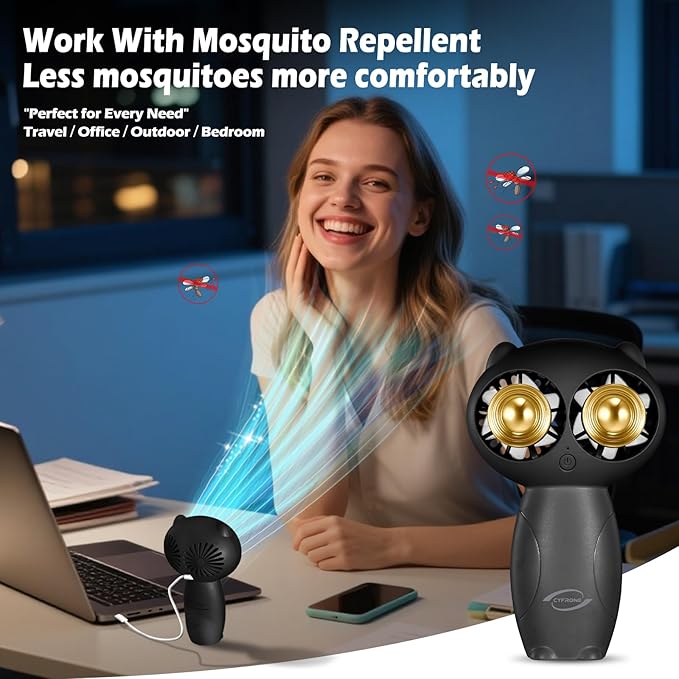 Portable Aroma Handheld Fan - Rechargeable 6000mAh Battery USB-C Owl Shaped with Clip Mini Personal Turbo Travel Essentials (Black)