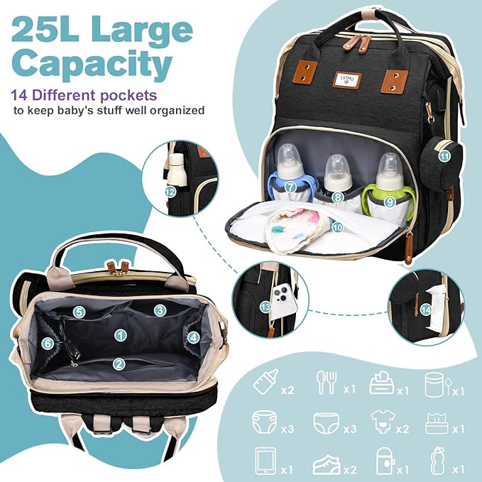 JSTPRO Diaper Bag Backpack, Large Waterproof Lightweight Diaper Bag with Changing Station, Insulated Pockets, USB Port, Travel Bag for Mom and Dad (Black)