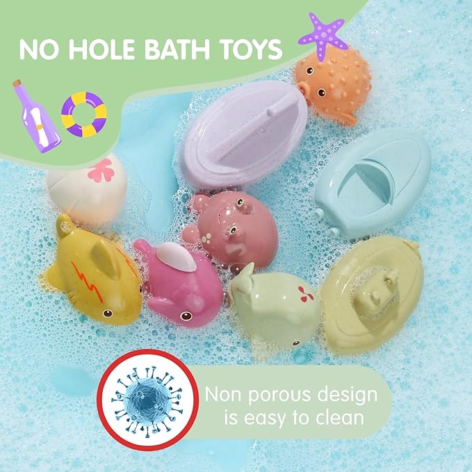 Baby Bath Toys, 9 Pack | Mold Free Bath Toys with Sealed & No Holes Design | Soft, Easy Grip & Floatable Bathtub Toys | Babies & Toddlers Pool Water Toys for 6-12-18 Months