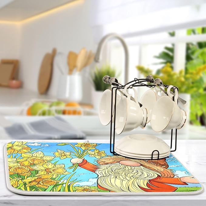 Absorbent Dish Drying Mat for Kitchen Counter - Sunflower Elk Microfiber Drying Pad, Reversible Drainer Mats for Countertop, Small 16" x 18"