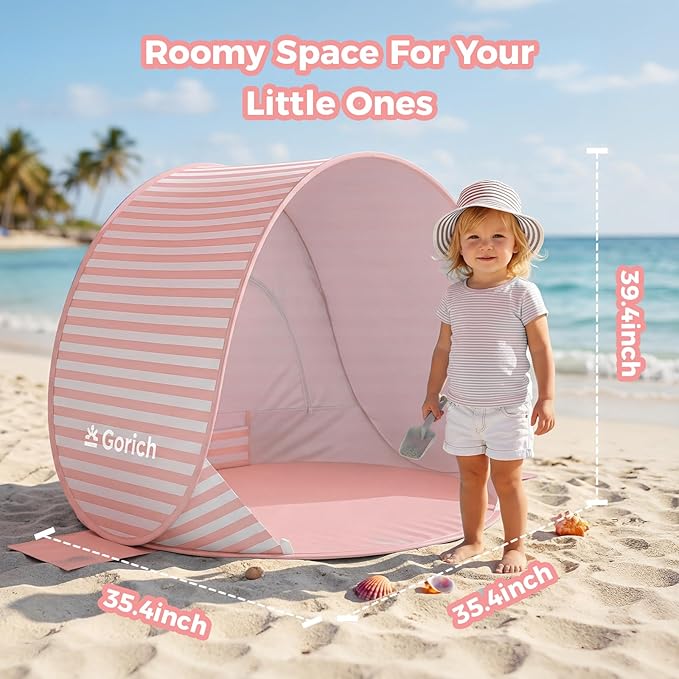 Gorich Pop Up Baby Beach Tent with UPF50+ UV Protection, Portable Toddler Sun Shelter with Mesh Ventilation, Lightweight & Foldable Play Shade Tent for Beach, Park & Backyard