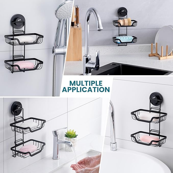 TAILI Soap Holder for Shower - Double Layer Soap Dish with Drain Holes, Rustproof Stainless Steel, Wall Mounted Rustproof Bath Organizer Keeps Sink & Shower Area Dry, Black