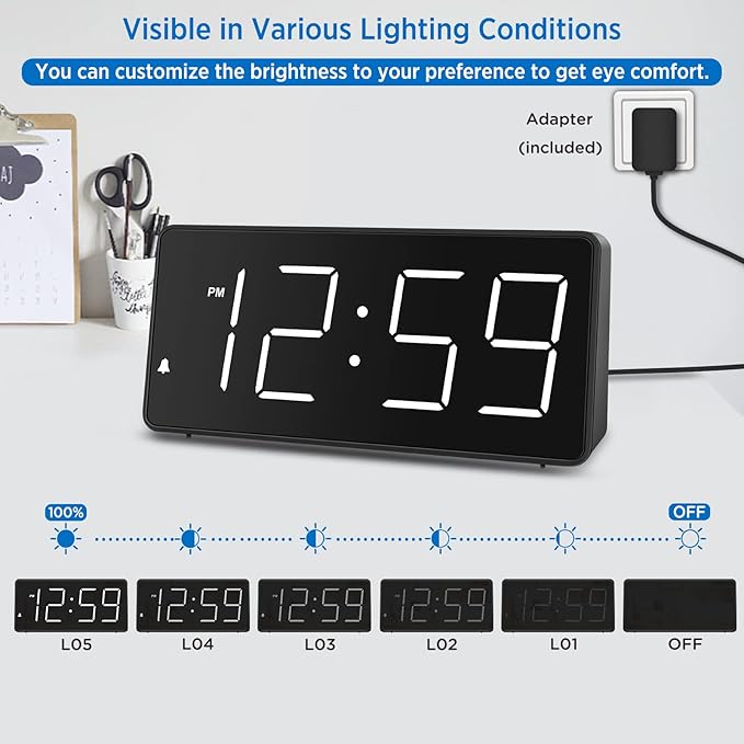 Peakeep Digital Alarm Clock for Bedroom Bedside, Loud Alarm Clock for Heavy Sleepers, Large Big LED Numbers for Seniors, Battery Backup Plug in Electric Clock with USB Charger (White)