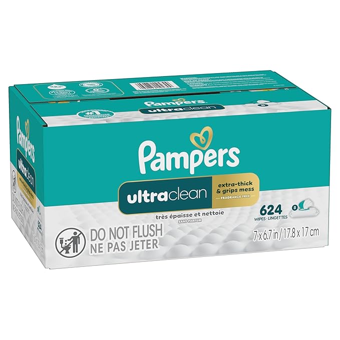 Pampers Ultraclean Baby Wipes (Previously 'Free & Gentle'), 99% Water, Hypoallergenic, Unscented, 100% Plant Based, Plastic-Free, 624 Wipes Total (8X Flip-Top Packs)
