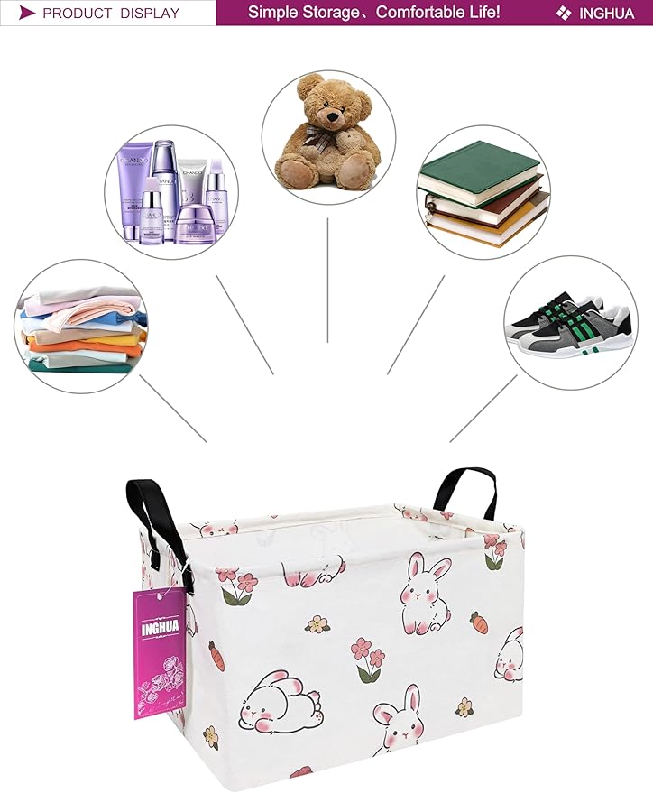 INGHUA Rectangular Storage Basket Fabric Organizer Bin for Toys,Books,Clothes,Gifts,Pets-Perfect for Home,Office,Nursery,Dorm,Shelf(Rec-rabbit)