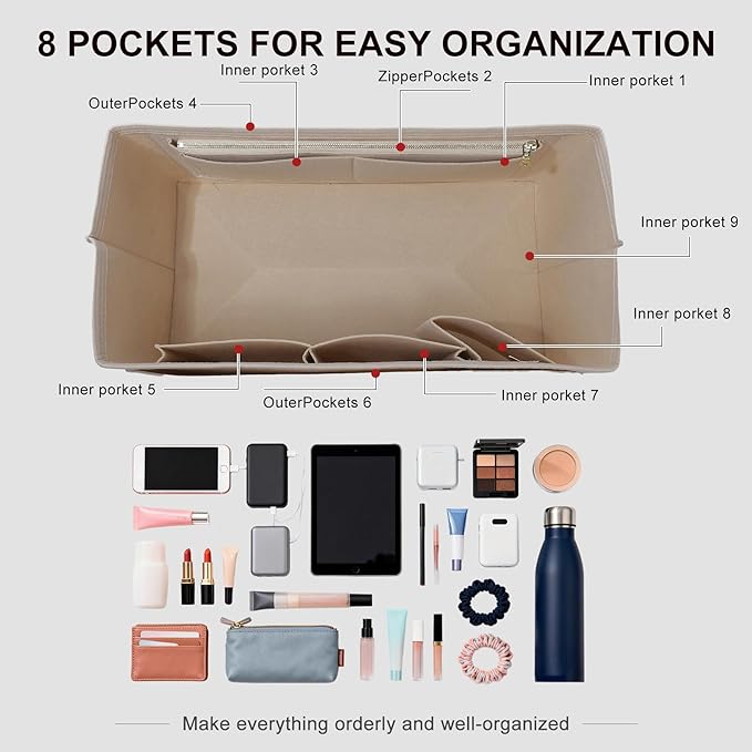 Premium Felt Tote Bag Organizer Insert for Longchamp-Le Pliage L Travel Bag, Large Purse Insert with Zipper Pocket and Cup Holder, 9 Compartments, Beige/LT