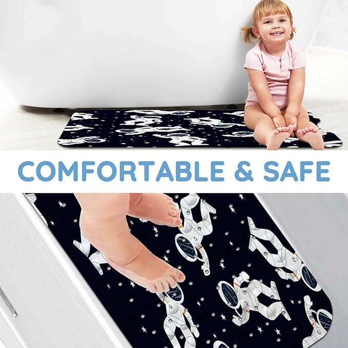 KINUUIS Bathtub Mats for Kids, Black Astronaut Bath Mat for Tub Non Slip, 40 X 16 Inch Large Washable Bathtub Mat Non Slip for Showers with Drain Holes and Suction Cups