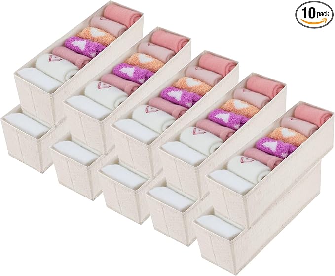 10 Pcs Mini Foldable Clothes Drawer Organizer, Fabric Drawer Organizer for Nursery, Small Drawers Fabric Organizers for Clothing, Sock Underwear Bra Belt Tie Scarves Drawers, Light Beige