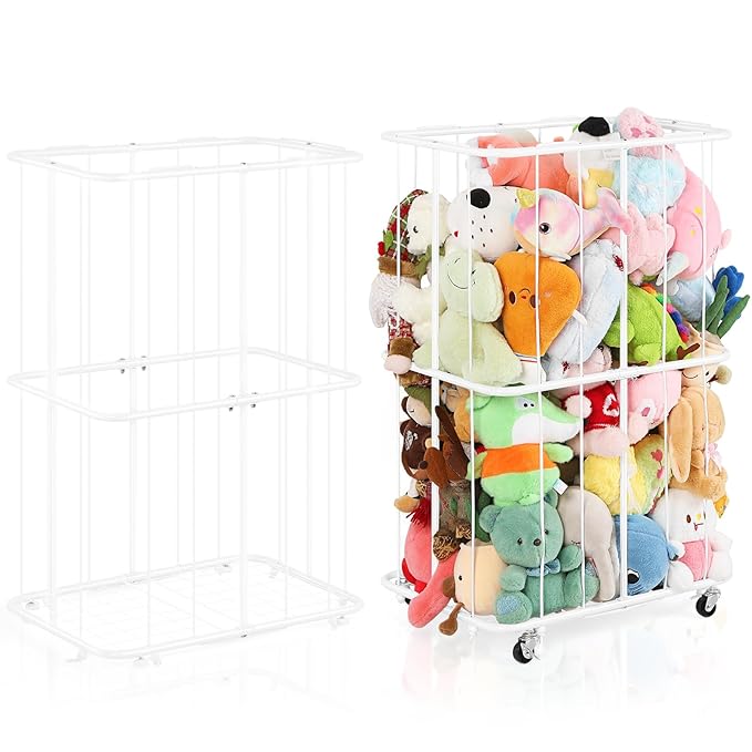 Stuffed Animal Storage Plush Toy Organizer Rolling Stuffed Animal Holder with Wheels Large Stuffed Animal Storage Zoo, Elastic Band for Playroom Bedroom Nursery, Large Capacity, White