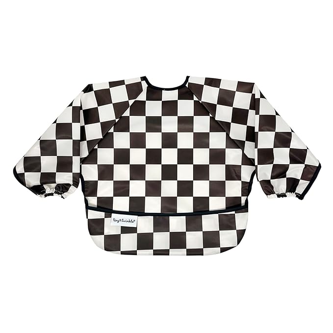 Tiny Twinkle Long Sleeve Bib for Babies & Toddlers | Waterproof Smock Bib for Eating | Machine Washable & Mess-Proof Feeding Essentials | Newborn Shower Gift (Checkers Black, 6–24M)