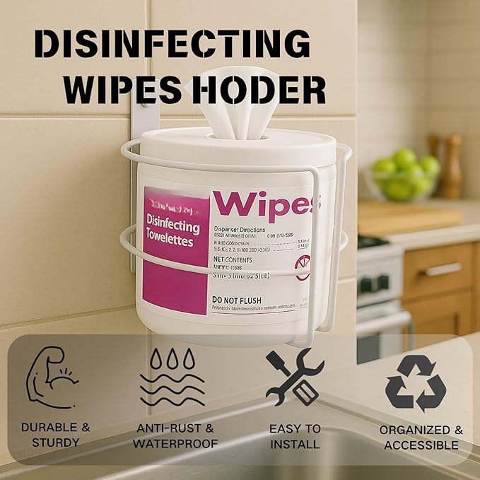 Wall Mount Wipes Holder & Dispenser, Rustproof Bathroom & Kitchen Organizer with 3M Adhesive or Screws, Fit for Clorox, Lysol, Baby & Pet Wipes – No-Drill Space-Saving Wall Rack