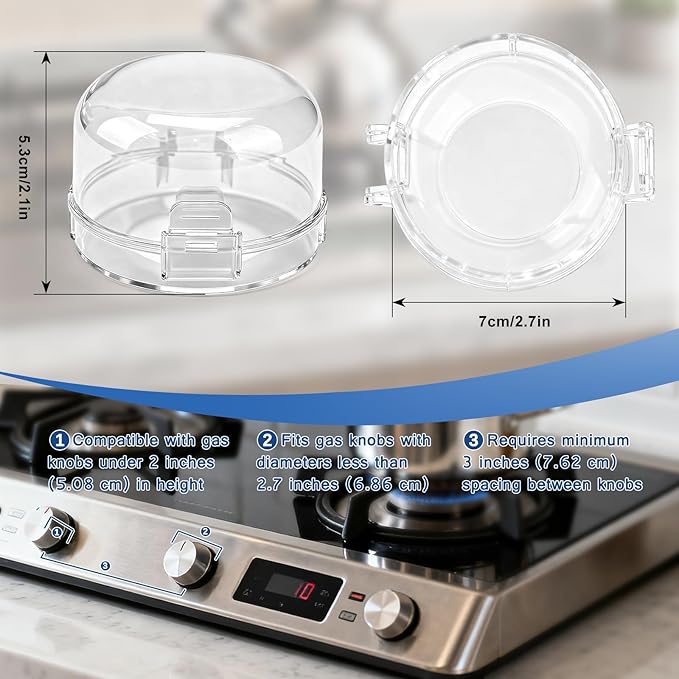 6-Pack Stove Knob Safety Covers - Gas Oven Knob Locks for Diameter Under 2.7 inch, Heat Resistant & Adhesive Base (Clear)
