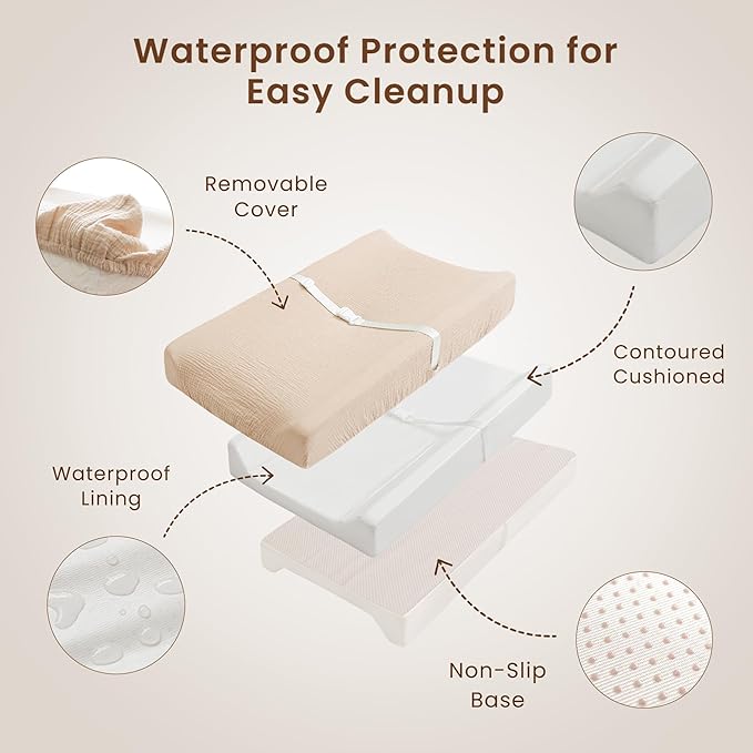 Konssy Muslin Changing Pad with Waterproof Lining Foam, Includes 2 Pack Soft & Cotton Cover, Baby Diaper Changing Pad for Dresser or Table, 32x16 inches (Coffee Check, Cream)