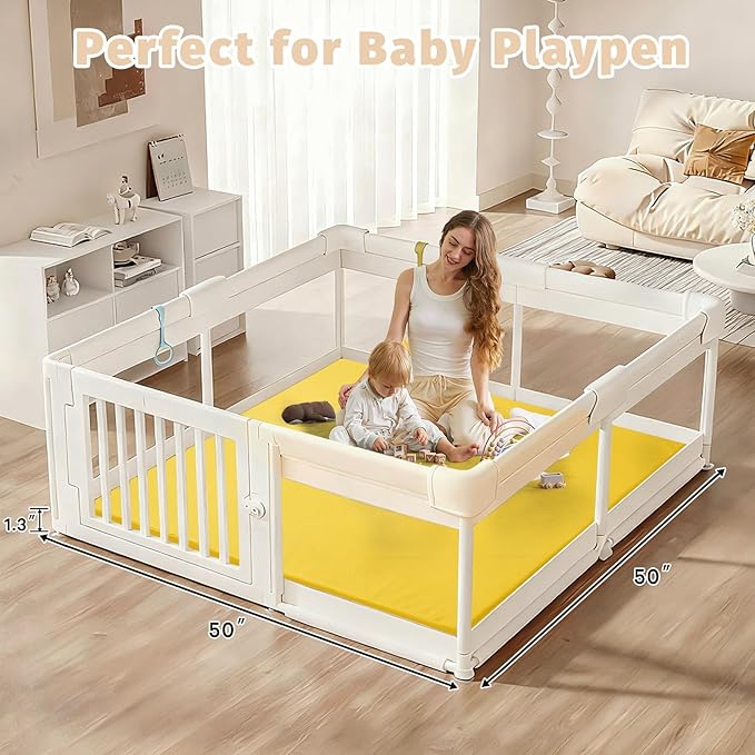 Waterproof Baby Play Mat for Floor 1.3"Thick Memory Foam 50 * 50 Cushion Playpen Playmat Tummy Time Crawling Mat Nursery Rug Pad Mattress Create Soft & Safe Area for Infants,Toddler,Kid,Yellow