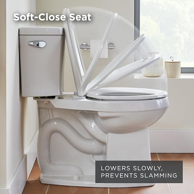Gerber Elongated Toilet Seat with Cover, Soft Close, No Slam, Quick & Easy Install, Heavy-Duty Plastic, Adjustable Fit for Standard Elongated Toilets, Durable & Fade-Resistant, Bone G009921325