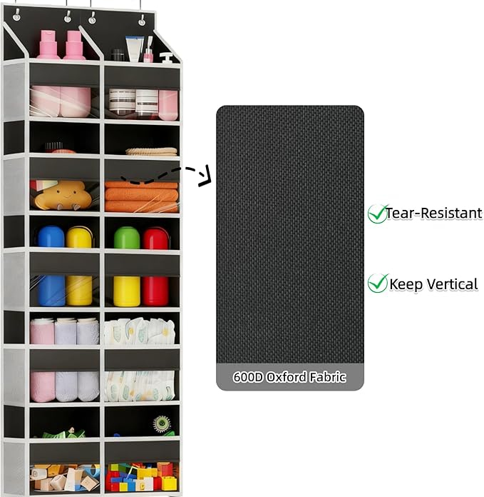 5 Tier Over the Door Organizer with 10 Clear Pockets & 10 Mesh Pockets - Extra Large Behind Door Storage for Closet, Nursery, Bedroom, Pantry | Diaper & Toy Organizer (Black)