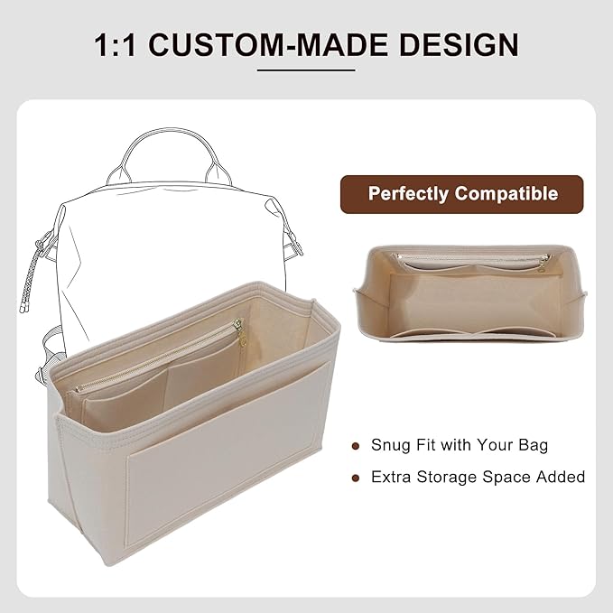 Premium Felt Purse Organizer Insert Compatible with Long Champ Le Pliage L Backpack, Lightwieight Bag Divider Shaper with 8 Pockets & YKK Zipper, Beige/LB