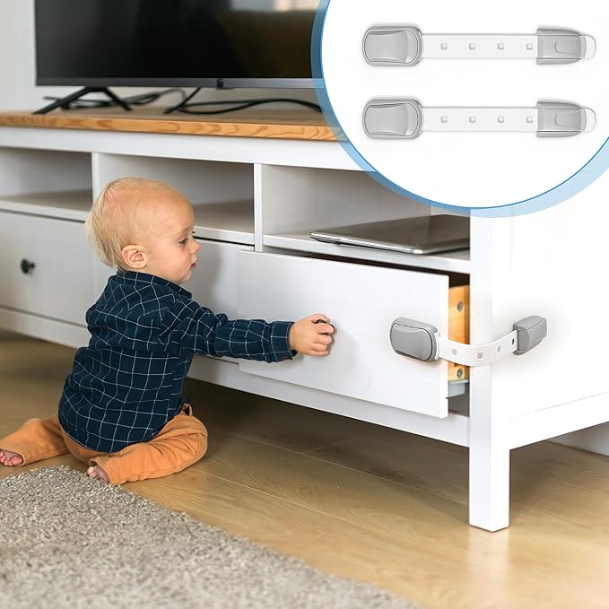 Cabinet Locks Baby Proofing - Adjustable Childproof Drawer Latches Child Safety Cabinet Lock Straps with 3M Adhesives No Drill Multi-Purpose Safety Strap for Furniture Kitchen Ovens Toilet Seats(Grey)