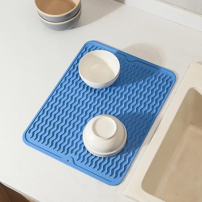 MicoYang Silicone Dish Drying Mat for Multiple Usage,Easy clean,Eco-friendly,Heat-resistant Silicone Mat for Kitchen Counter or Sink,Refrigerator or Drawer liner Lichen BlueL M 12 inches x 12 inches