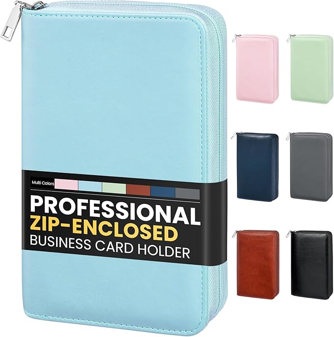 Sooez Zip-Enclosed Business Card Holder Organizer, Professional Credit Card Case Book for Women Men, 240 Capacity, Premium Vegan Leather Gift Card Organizer Storage File, Business Card Wallet, Blue
