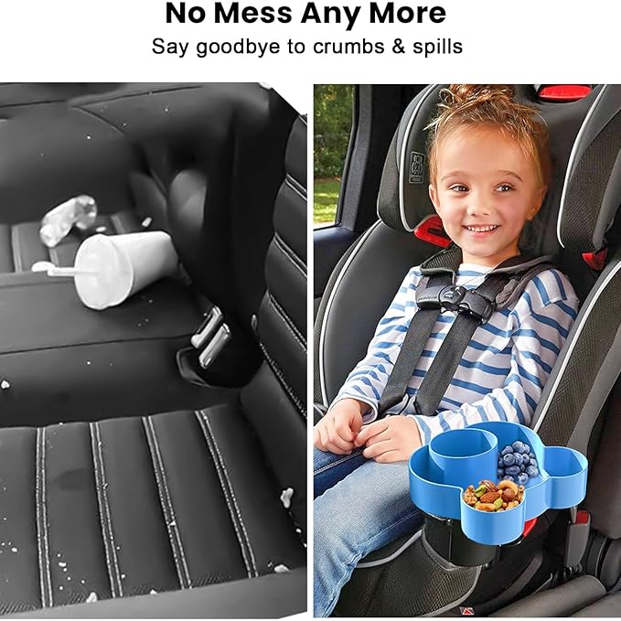 Car Seat Tray - Convert Cup Holder to Snacks, Toys Tray for Kids Travel, 360 Rotatable (Blue)