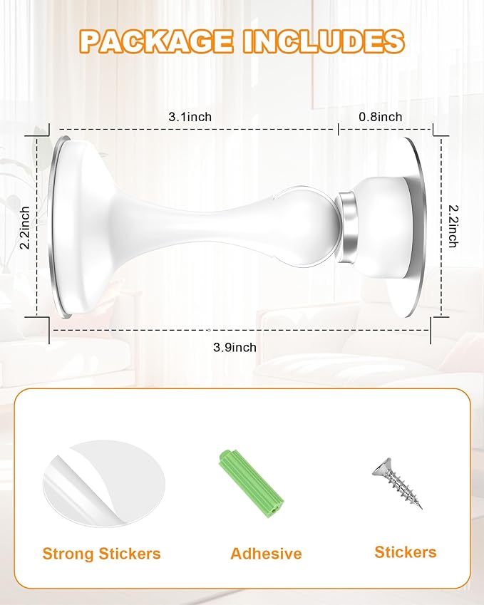 Crosize Magnetic Door Stoppers 8 Pack, Stainless Steel Door Stops for Wall and Floor Mounting, Door Holder Keep Door Open, No Drilling Door Stop with 3D Adhesive Tapes, White