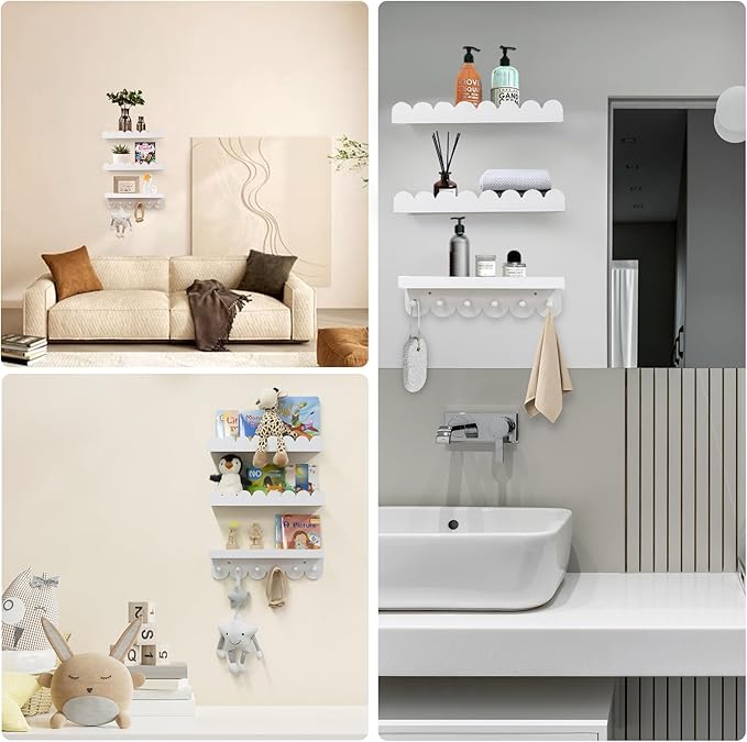 Wall Book Shelves for Bedroom Kids with Hooks - Scalloped Shelves for Nursery Set of 3, Nursery Bookshelf for Wall Room Decor, 16 Inch