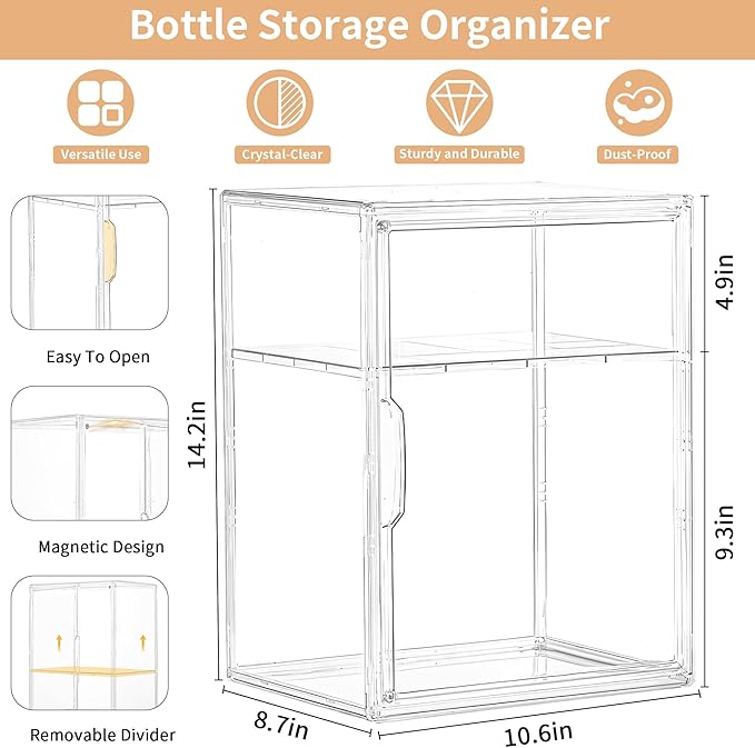 Lifelongpal Baby Bottle Storage Organizer for Countertop Cabinet, 2 Tiers Nursery Clear Acrylic Bottles Station Organizers Container with Removable Dividers and Magnetic Door