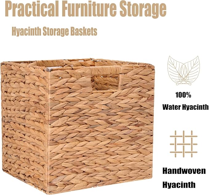 Wicker Storage Basket Foldable Hyacinth Storage Box Set of 2, 12x12x12 Inch - Handmade Woven Basket for Closet,Shelf Organization & Decor