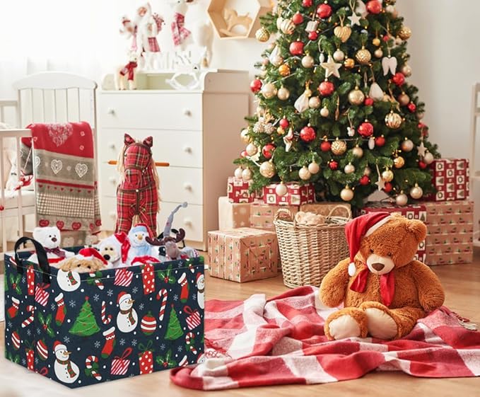 TIBAOLOVER Rectangular Christmas Basket Tree Christmas Gift Baskets for Families Cute Baby Storage Bin Kids Storage Bin Toy Organizer Box Christmas Room Decor for Christmas Parties(Blue Christmas)