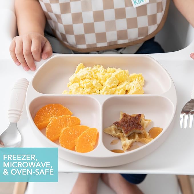 Bumkins Toddler and Baby Suction Plate, Silicone Divided Grip Dish, Babies and Kids, Baby Led Weaning, Children Feeding Supplies, Non Skid Sticky Bottom, Platinum Silicone, Ages 6 Months Up, Beige