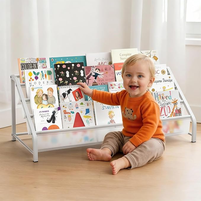 4-Tier Toddler Bookshelf & Organizer - Sturdy Metal Book Rack for Kids Room - Montessori Front-Facing Display Stand, High-Capacity Transparent Storage for Nursery & Playroom, 32 Inch
