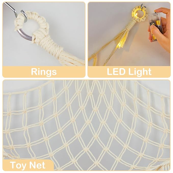 Basumee Stuffed Animals Net or Hammock with LED Light, Hanging Stuffed Animals Storage Toy Hammock Net Corner Wall Girls Room Decor Toy Storage Organizer, Cream, L