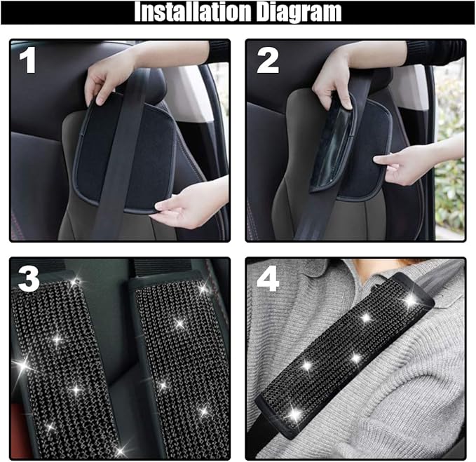 2PCS Bling Car Seat Belt Shoulder Pads, Bling Rhinestones Seat Belt Covers for Women, Car Seatbelt Strap Pad with Crystal Diamond, Car Interior Accessories for Car SUV (Black Diamond)