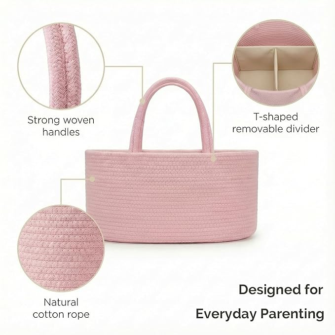 luxury little Diaper Caddy Organizer, Large Cotton Rope Nursery Baby Basket, Changing Table Organizer for Baby Diaper Storage, Portable Car Organizer Removable Divider (Light Pink, Large)