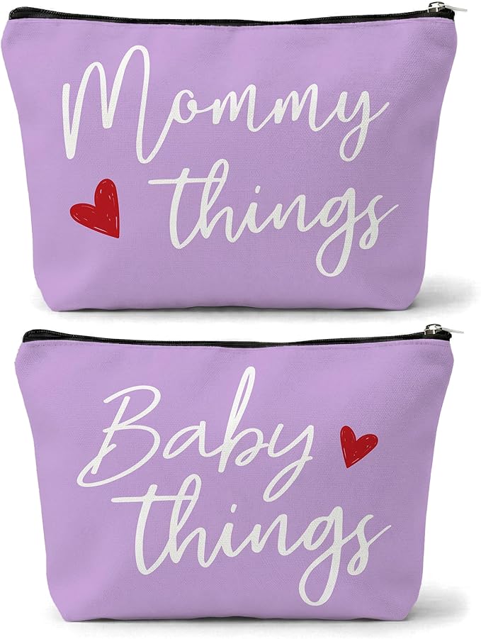 Mommy and Baby Matching Pouch Set, Mommy Things and Baby Things Bags, Gifts for New Moms Expecting Moms, Matching Travel Cases, Purple Set of 2